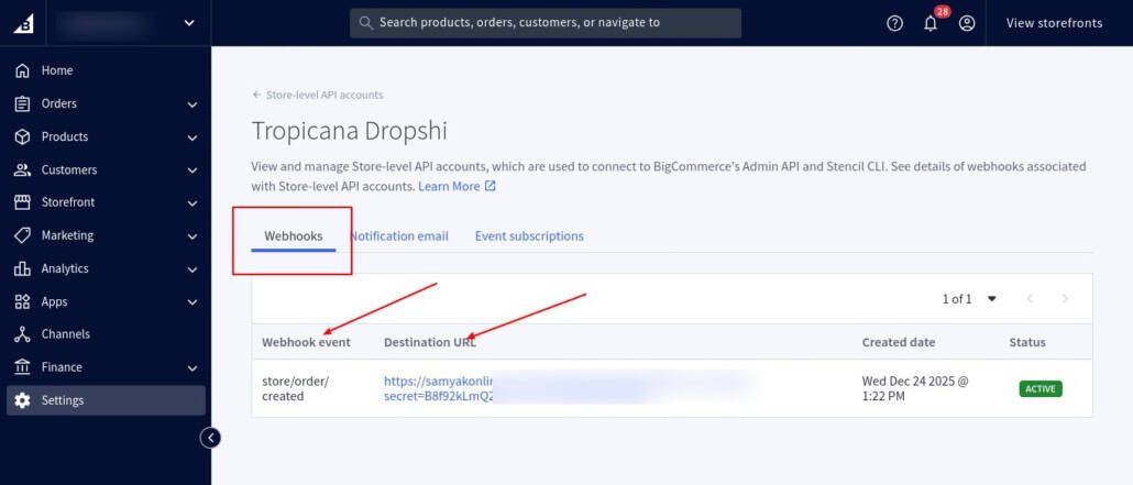 BigCommerce webhook configuration for triggering order automation